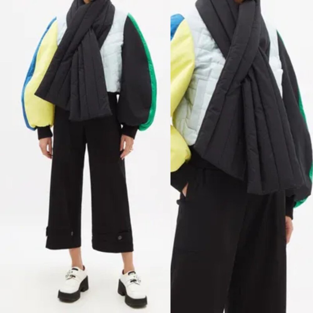 Loewe Bomber Jacket Quilted Color-block Balloon Sleeves w/ Detachable Wrap Scarf